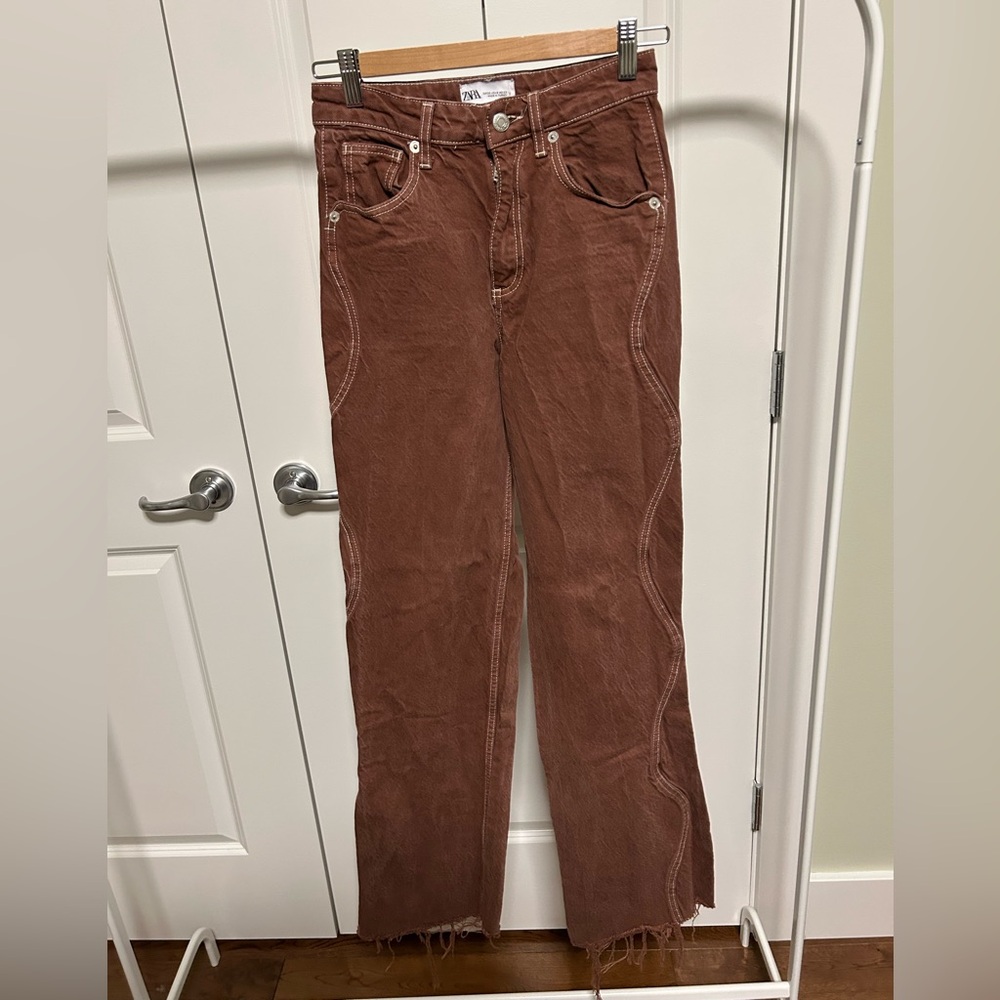 Zara Women's Brown Straight-leg Jeans - With Wavy Side Stitch